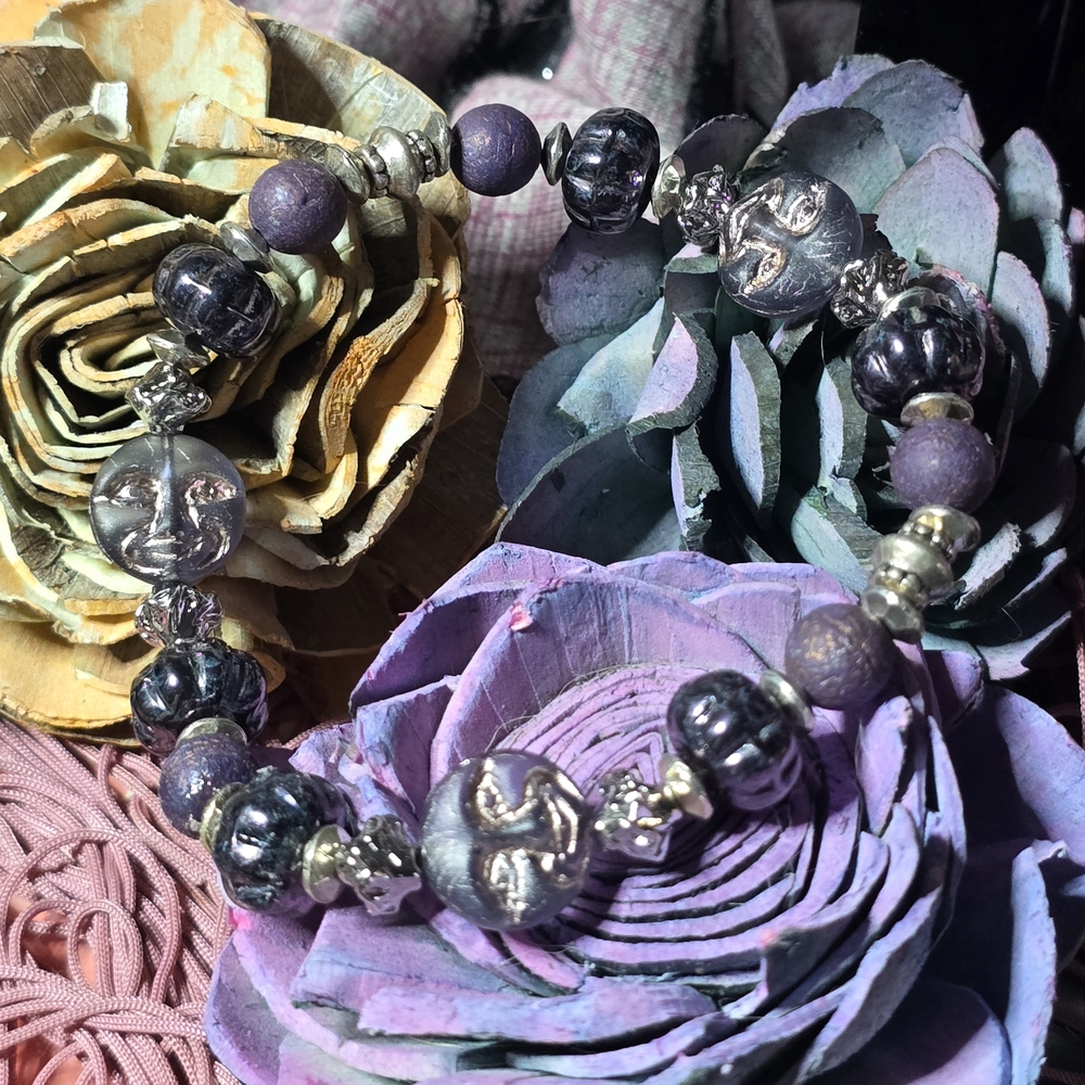 Purple Moon Face Beaded Bracelet with Silver Accents - Women Jewelry